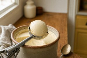 Boule de glace vanille souple prélevée à la cuillère dans un pot de grès