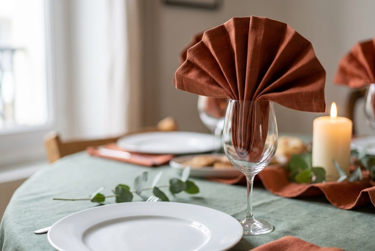 Serviette effet tissu terracotta pliée en accordéon puis déposée en éventail dans un verre à pied, sur une table de fête vert sauge