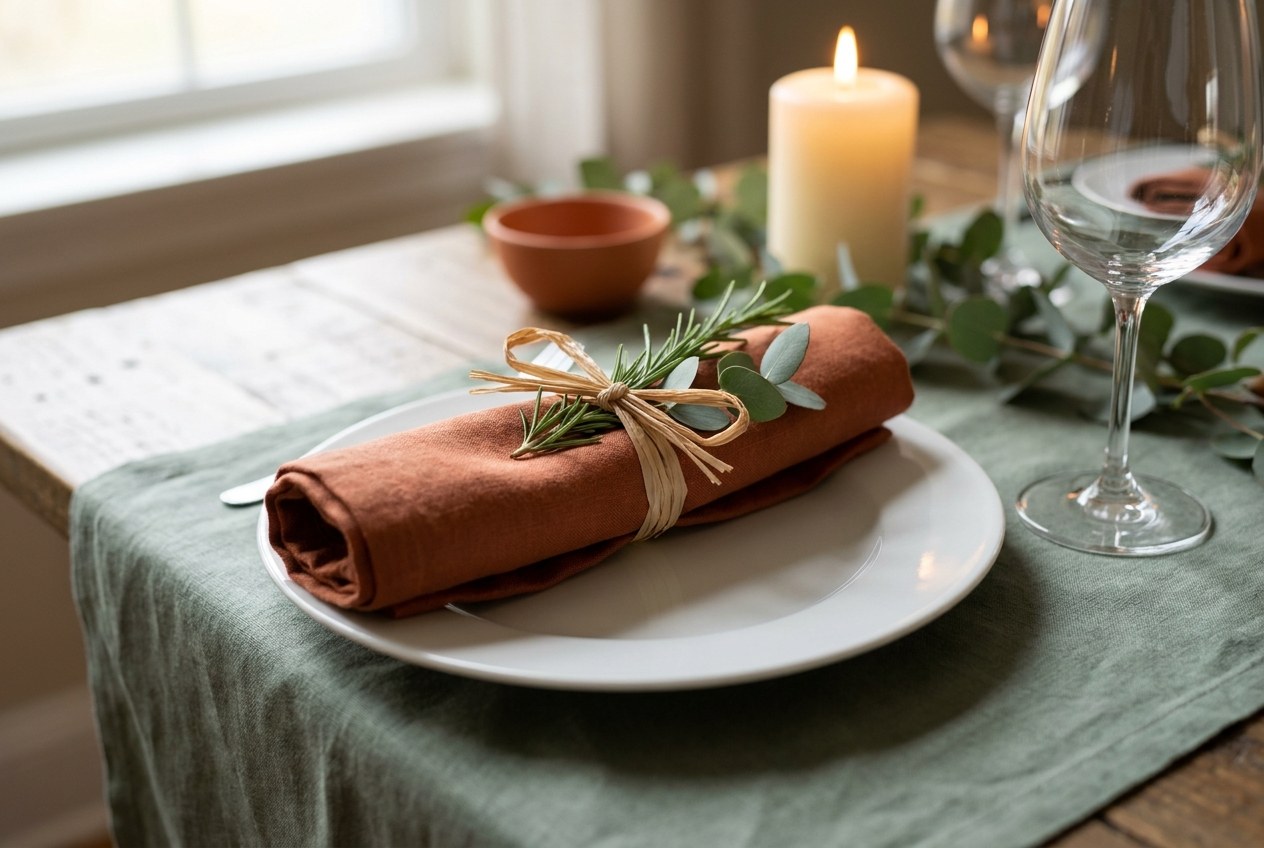 Serviette effet tissu terracotta roulée serrée et nouée avec un brin de raphia, avec une branche de romarin et une feuille d'eucalyptus glissées dessous
