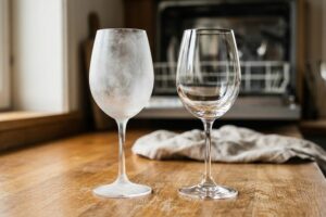 Deux verres à vin côte à côte, celui de gauche voilé de blanc, celui de droite parfaitement transparent