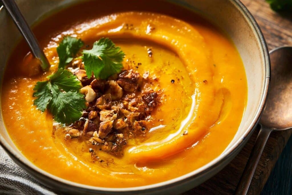 Velouté de carottes, coriandre et noisettes