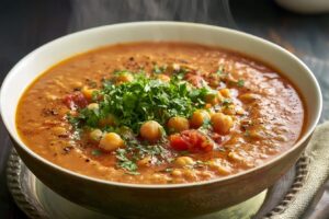 Soupe réconfortante de lentilles, tomates et pois chiches : mon secret anti-froid